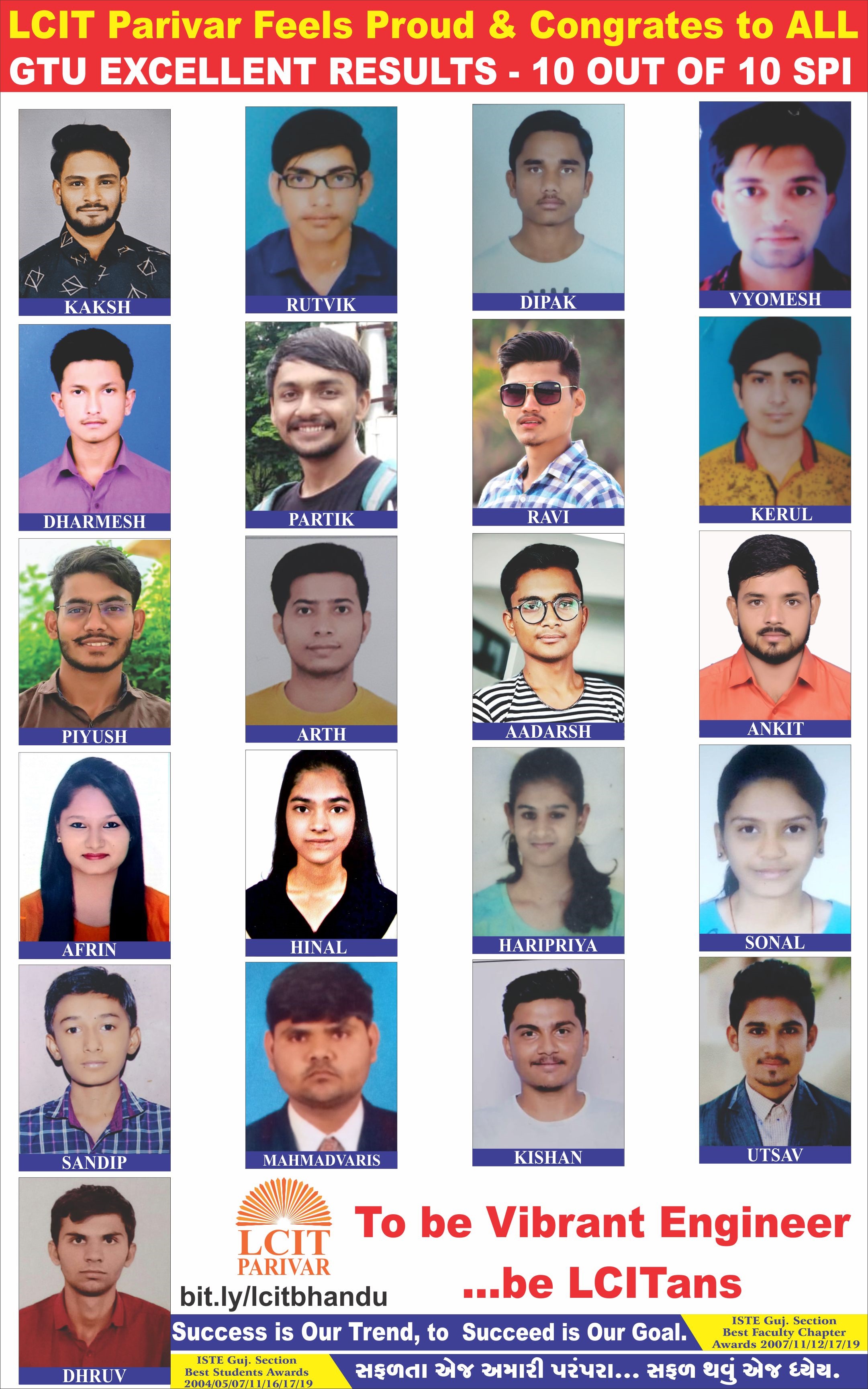 LCIT PARIVAR_FEELS PROUD AND CONGRATULATES TO STUDENTS FOR GTU EXCELLENT RESULTS_10 OUT OF 10 SPI